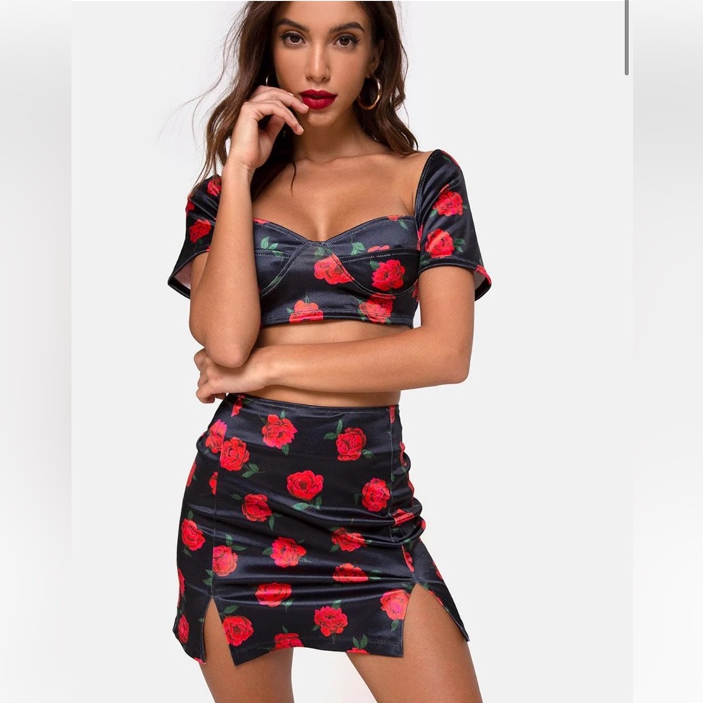 Motel Rocks Zidi Satin Black Rose Stretch Split Mini Skirt Size XS